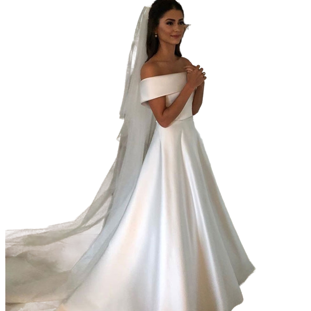 Simple Satin A Line Wedding Dress Bateau Neck Short Sleeve Boho White Bridal Gowns Robe De Mariee Vestido Plus Size Bride Dresses 2022