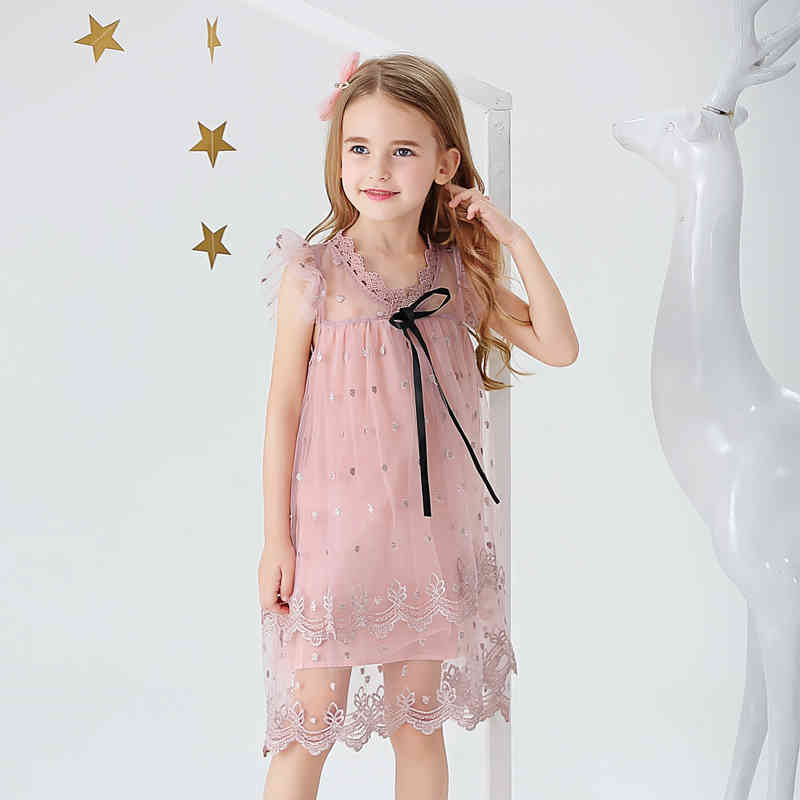 Girls Princess Dress Summer Kids Elegant Mesh Clothes Embroidery Floral Children Baby 210429