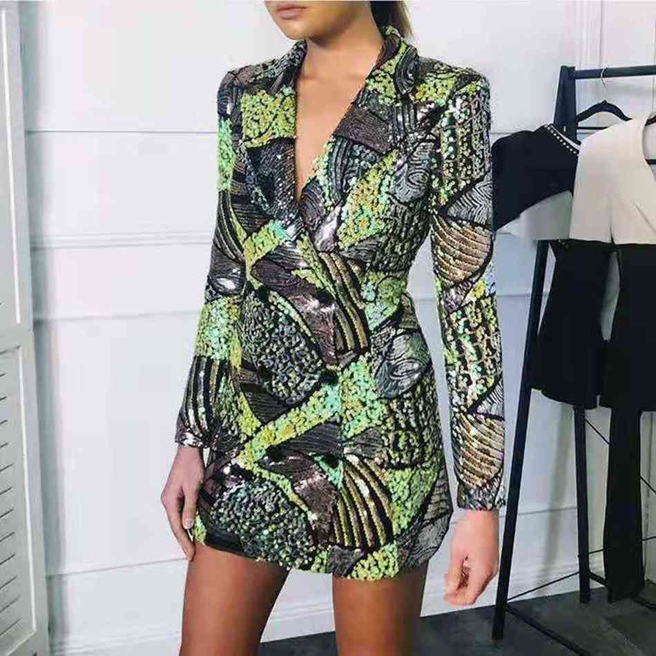 Free Women's Shiny Sequin Blazer Dress Sexy Lapel Long Sleeve Double Breasted Bodycon Party Mini Vestido 210524
