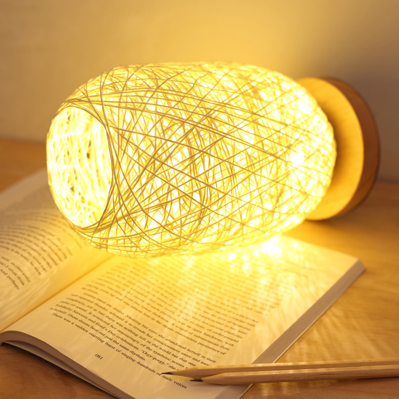 Artisanal Nordic Wooden Lamp with Rattan Twine Design - Charming Bedside Lighting Solution