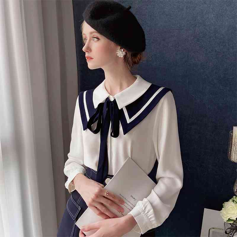 Dabuwawa Preppy Style Sailor Collar Blouse Women Autumn Spring Long Sleeve Patchwork Bow Shirts Tops Female Girlish DT1CST036 210520
