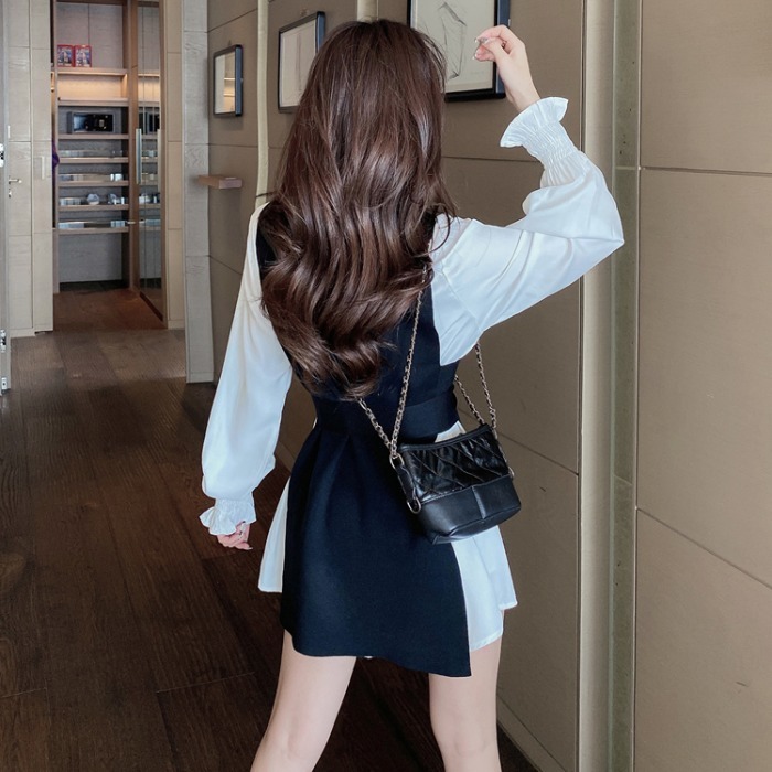 Nomikuma Women Elegant Two Pieces Sets Medium-long Blouse Shirt + Belst Slim Knitted Vest Korean Spring New Outfits 6E090 210427