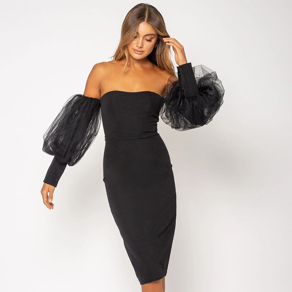 Winter Women Off Shoulder Black Bandage Dress Sexy Lace Long Lantern Sleeve Club Celebrity Runway Party Bodycon 210423
