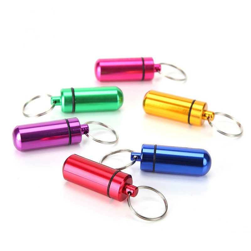 

Metal container keychain aluminum pill box holder Portable Multifunction First Aid Pill Key Chain Aluminum Bottles Keyring Seal Kit, As the picture