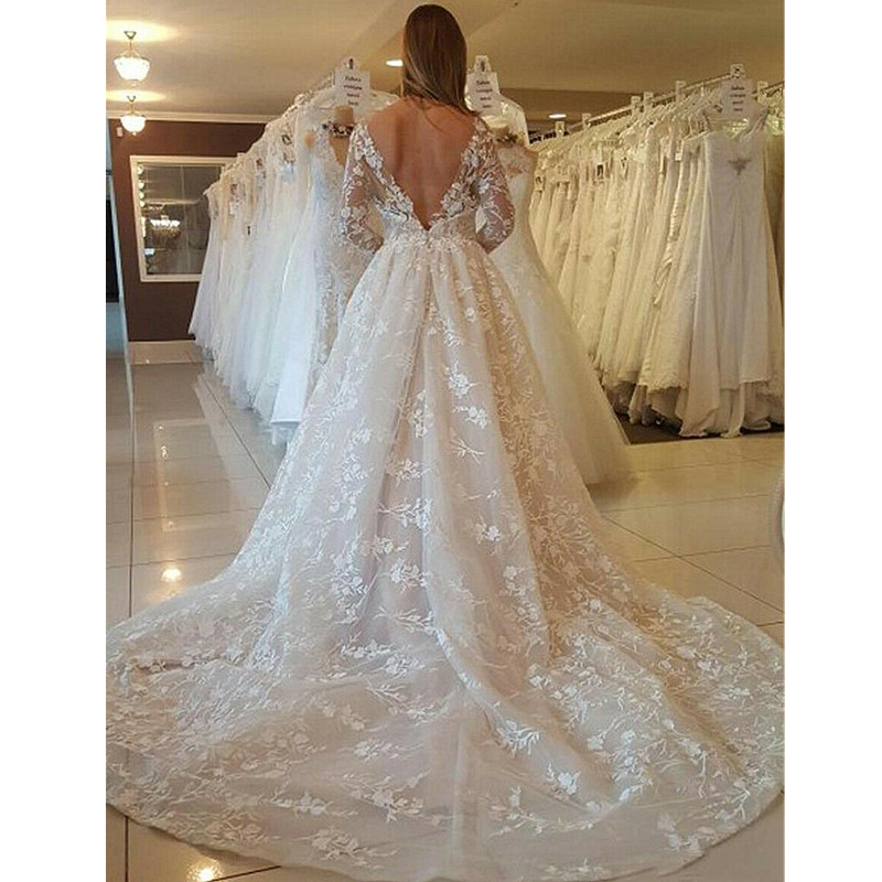 Long Sleeve A Line Lace Wedding Dresses Tulle Appliques Backless Sweep Train