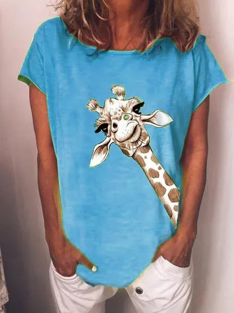 Summer Shirt Women Fashion Comfy Cute Giraffe Print Short Sleeve Round Neck T-Shirt Casual Streetwear Oversize Female Top Shirts 210406