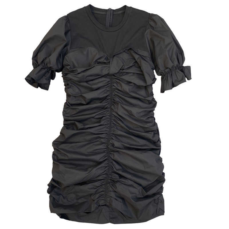 DEAT Women Pleated Ruffles Short Dress Round Neck Short Sleeve Arrivals Lady Temperament Fashion Spring Summer 11D1255 210709