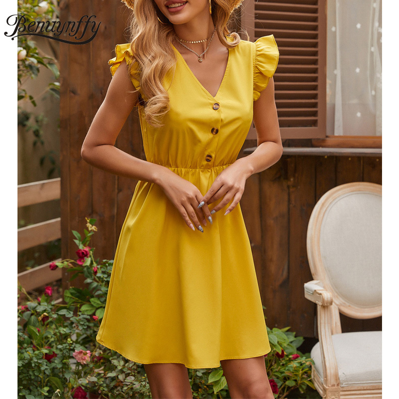 V-neck Button Front Solid Mini Dresses Women Summer Ruffle Sleeve High Waist Female Casual A-Line Dress 210510