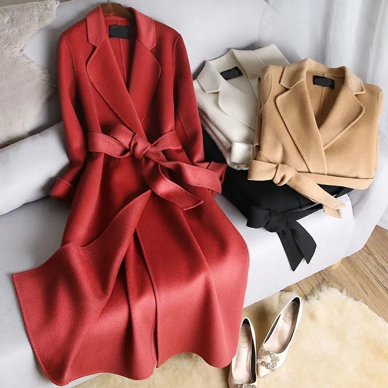 Women's Double-Sided Cashmere Wool Coat Long Sleeve Loose Elegant Winter Jacket With Belt Khaki B4