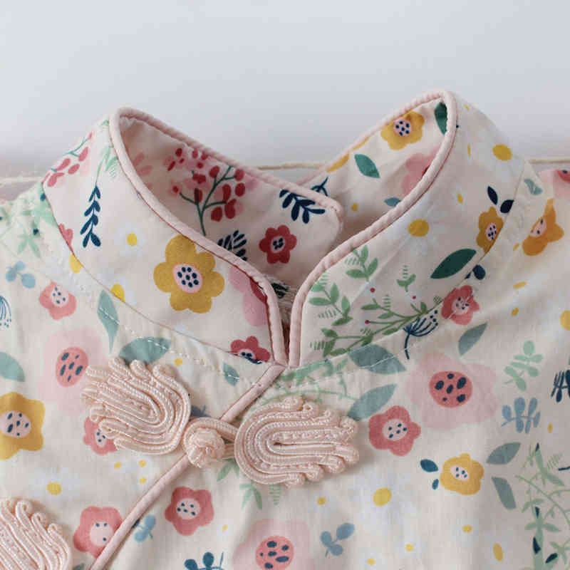 Infant Baby Girls Chinese Style Cheong-sam Rompers Clothes Bodysuit Long Sleeve And Hair Band 210429