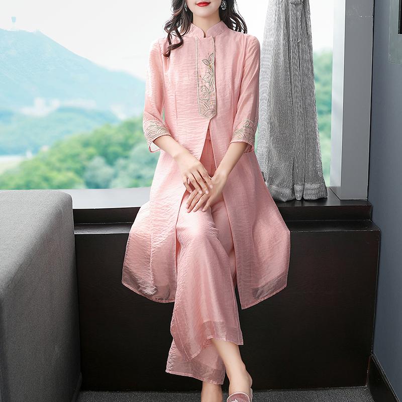 Summer 2 Pieces Chinese Vintage Sets High Quality Pretty Improved Qipao Top +Pants Loose Embroidery Female Cheongsam Two Piece Dress