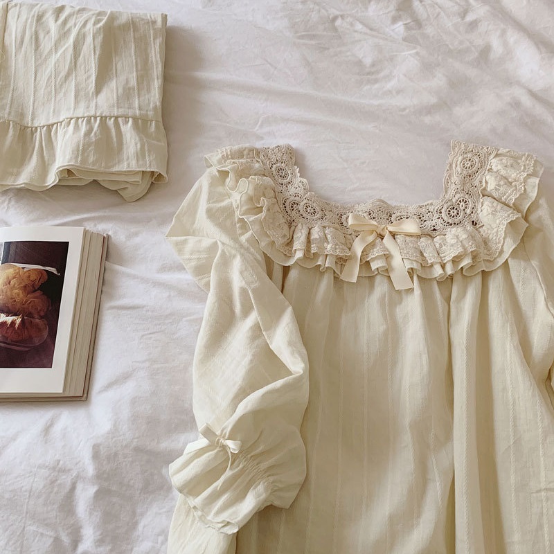 Vintage Embroidery Women's Pajamas Sets Sweet Female White Comfortable Soft Cotton Pyjamas Long Sleeve Sleepwear Suits 210330