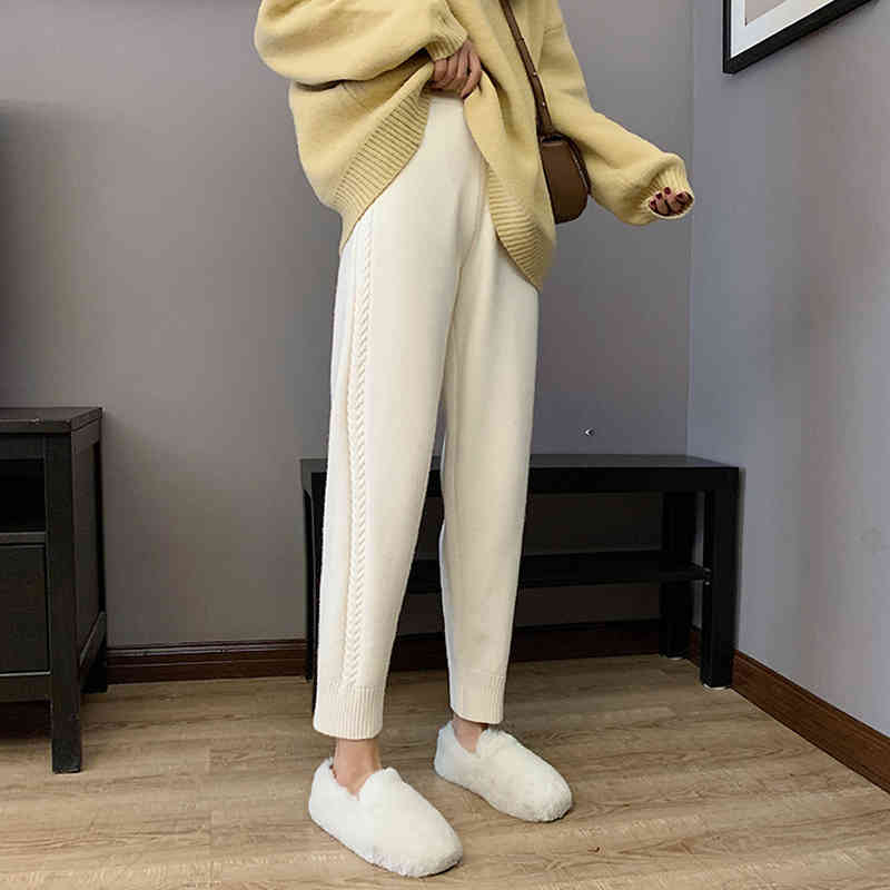 Nomikuma Autumn Winter Knitted Women Pants Lace Up Stretch High Waist Ankle Trousers Causal Solid Sweater Pants Femme 6D200 210427