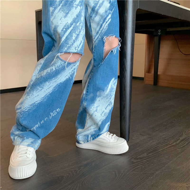 Yedinas 90s Egirl Tiedye Blue Jeans Color Painting Pattern Women Straight Chic Bf Denim Pants Full Length Hole Trousers 210527