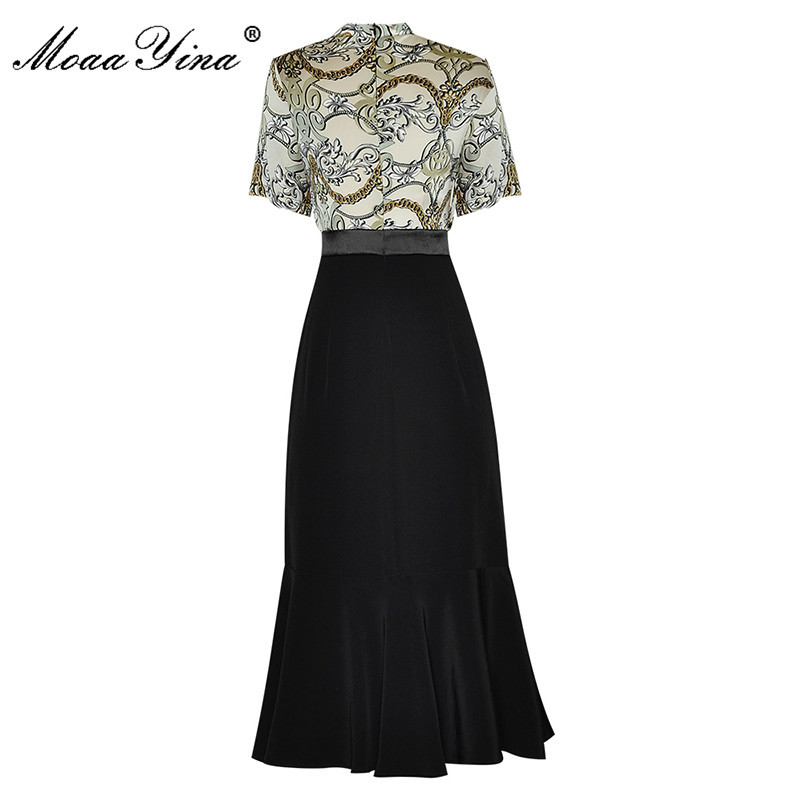 Summer Women's High Street Slim Mermaid Dresses Fashion Printed Short sleeve Splicing waist Black Midi Dress 210524