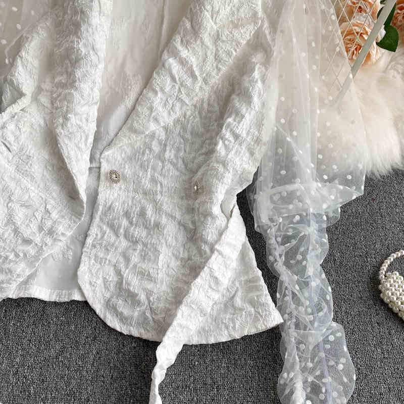 Nomikuma Elegant Notched Collar Women Blouse Dot Mesh Puff Sleeve Patch Shirt Double Breasted Belt Slim Waist Short Tops 6D609 210427