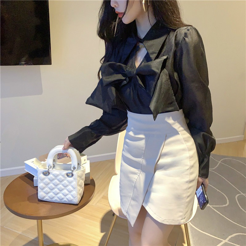 Nomikuma Korean Sweet Bowknot Blouse Shirt Causal Hollow-out Women Tops Spring New Lantern Sleeve Solid Blusas Mujer 6D986 210427