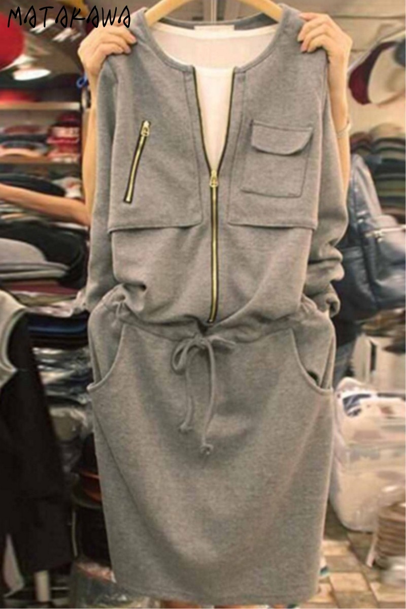 MATAKAWA Long-sleeved O-Neck Sweatshirt Woman Dress Korean Autumn Fashion Casual Femme Robe Straight Vestidos 210513