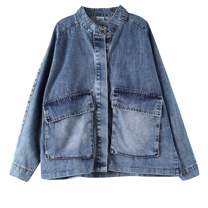Arrival Spring Korea Fashion Women Long Sleeve Loose Vintage Denim Jecket Big Pocket Stand Collar Casual Short Coat S817 210512