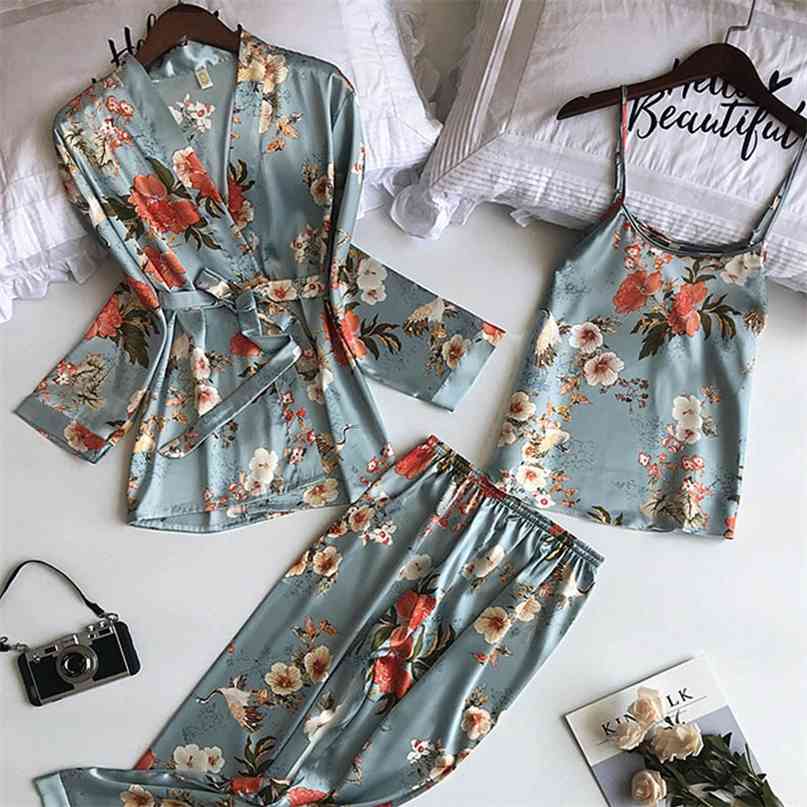 3PCS Women Pajamas Set Lady Emulation Silk Pyjama Sets Flower Sleepwear Female Leopard Satin Homewear With Removable Padded 210924