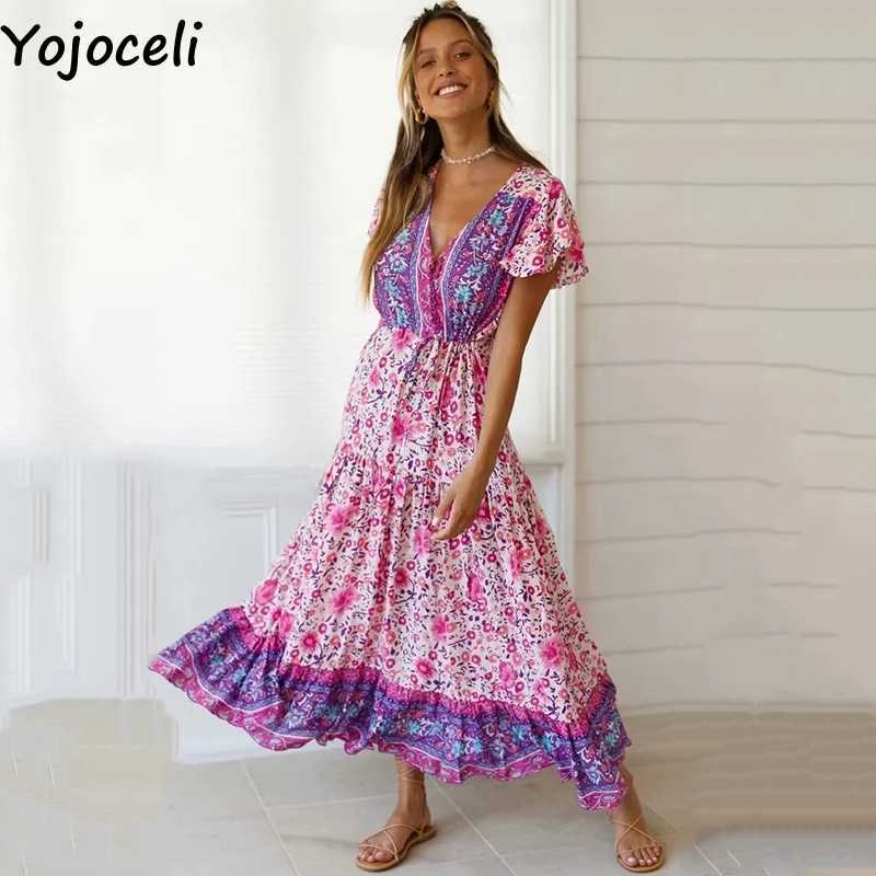 Yojoceli Elegant boho print ruffle wrap dres Summer sexy v neck beach long Casual cool bohemian maxi vestidos 210609