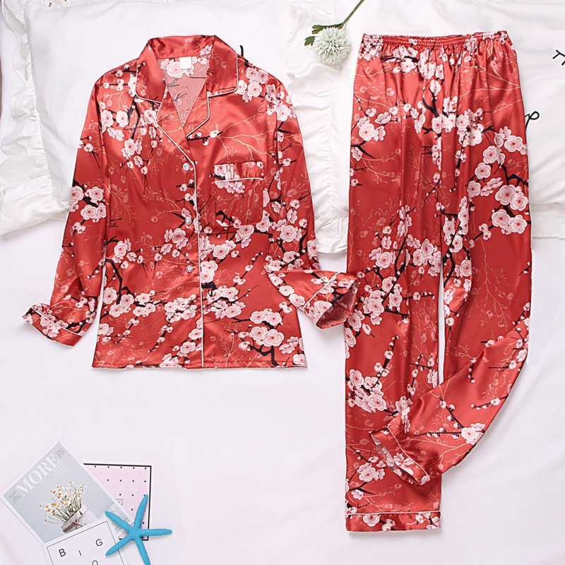 Autumn Winter Print Pattern Women Pajama Set Satin Silk Turn-down Collar Pajamas Sleepwear Long Sleeve Trousers Two Paper Suit 211007