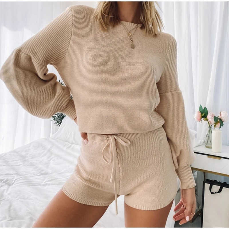 O Neck Long Sleeve Loose Shirt Top Women Set And Shorts Knit Casual Summer Loose Two Piece Sets White Outfits 210709