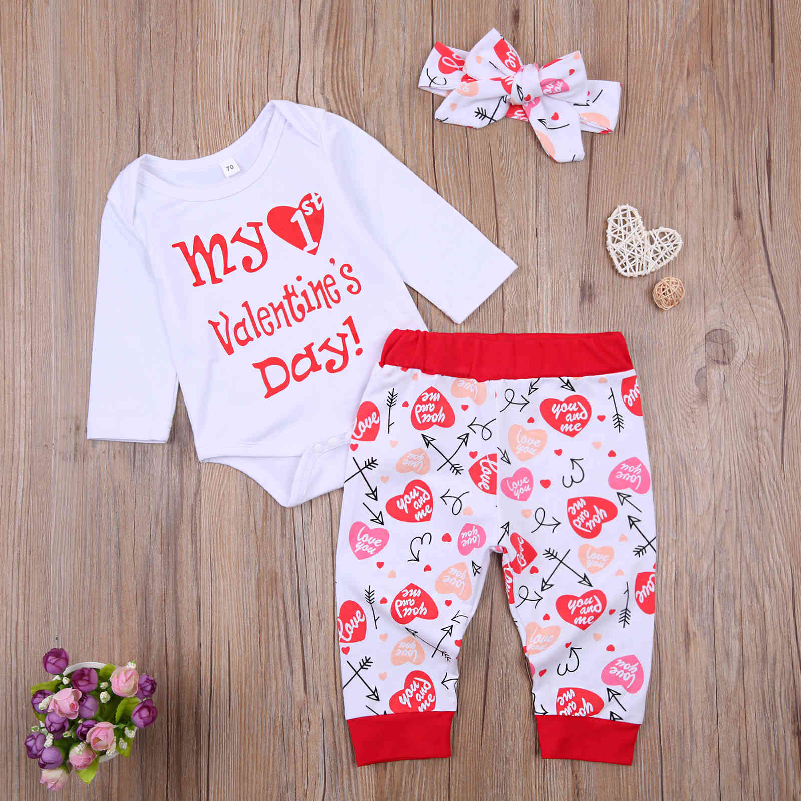 0-18M My 1st Valentines Day born Baby Girl Clothes Set Summer Cute Infant Letter Romper + Pants Headband Outfits 210515