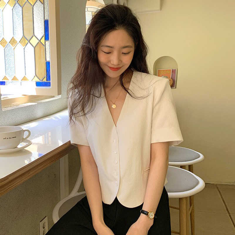 Korejpaa Women Shirt Korean Fashion Chic Summer Simple V-neck Single-line Buckle Loose Casual Short-sleeved Blouse Top 210526