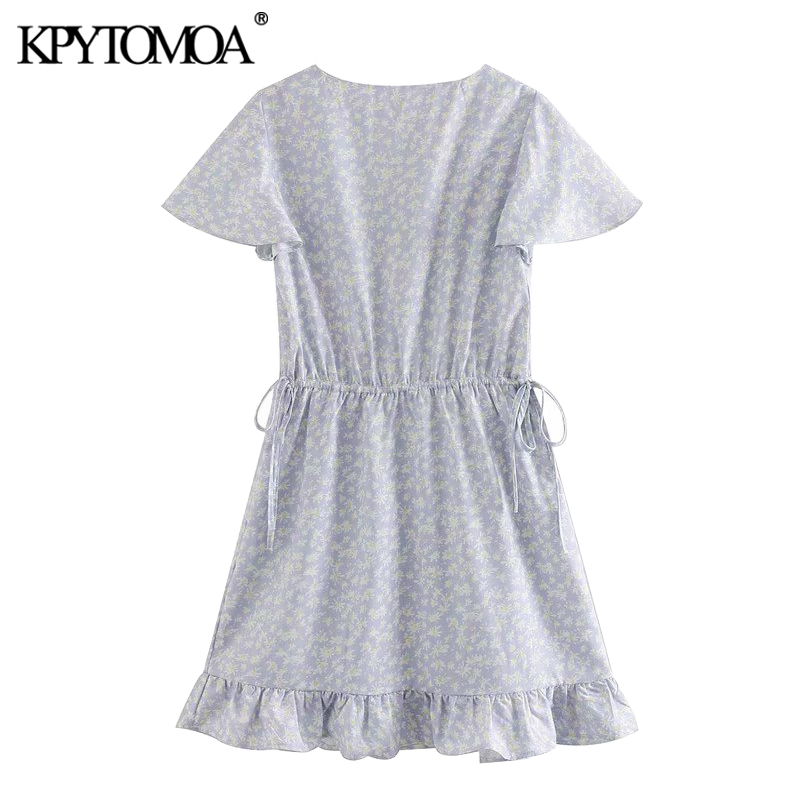 Women Elegant Fashion Floral Print Ruffled Mini Dress Short Sleeve Adjustable Tied Female Dresses Vestidos 210420
