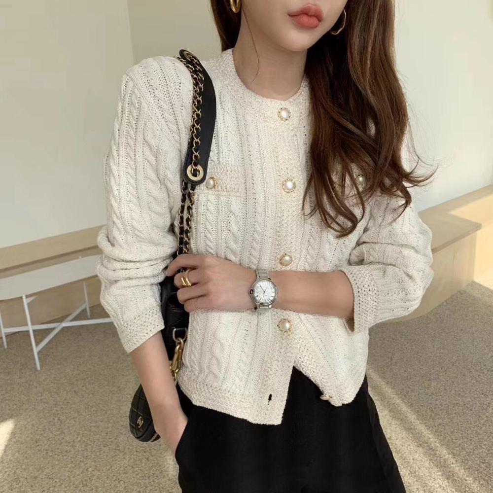 Autumn Winter twist Knitted Sweater Tops Women Office OL Elegant Long Sleeve Pearl Button casual Slim Cardigan Coat 210519