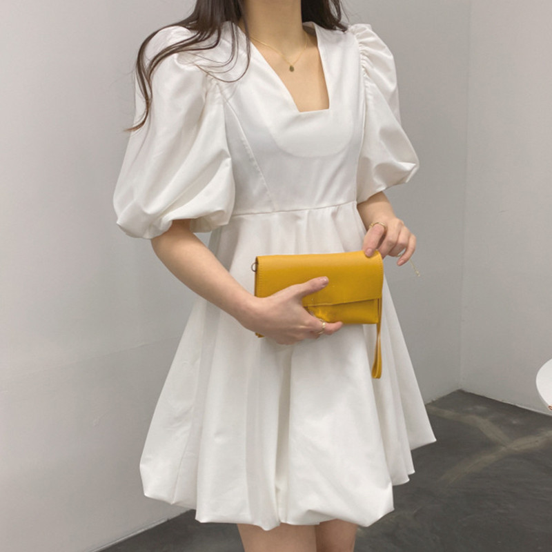 Nomikuma Woman Dress Korean Puff Short Sleeve Square Colalr Dresses Spring Summer Slim Waist A-line Vestidos Mujer 6F710 210427