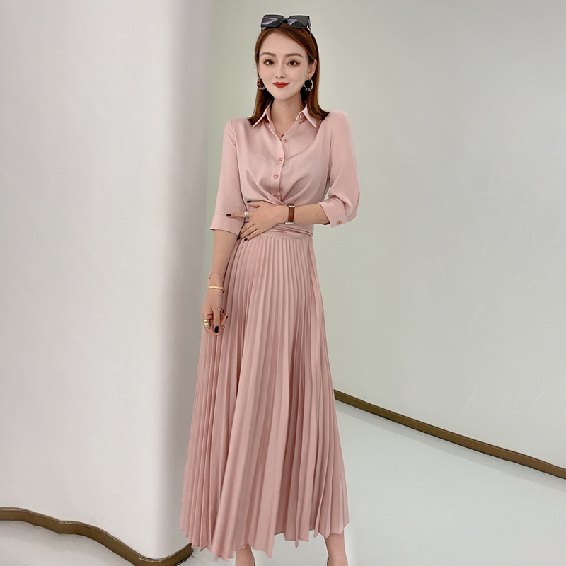 VGH Vintage Pink Shirt Dress For Women Lapel High Waist Pleated Elegant Midi Dresses Female Fashion New Clothing Spring Style 210421