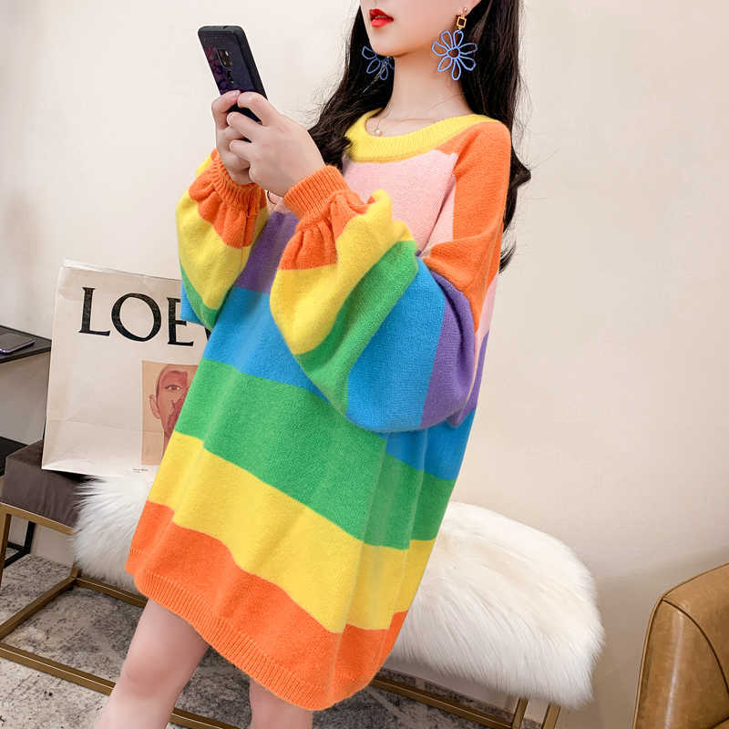 H.SA Women Winter Long Sweaters Casual Striped Rainbow Pull Sweaters Oneck Chic Streetwear Korean Oversized Pullover Roupa 210716
