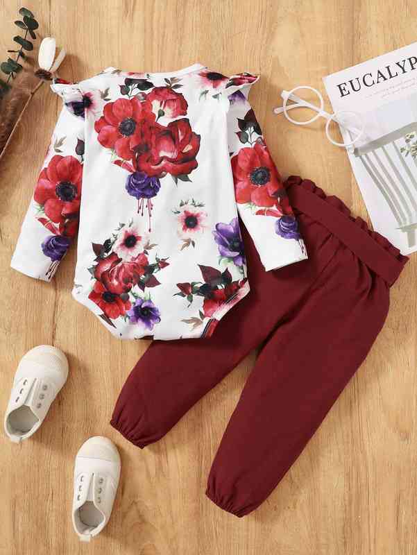 Baby Floral Print Ruffle Trim Bodysuit & Belted Pants SHE