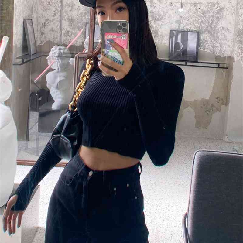 Women Ribbed Roll Neck Jumper With Thumb Hole Autumn Rib Crop Knitwear 210512