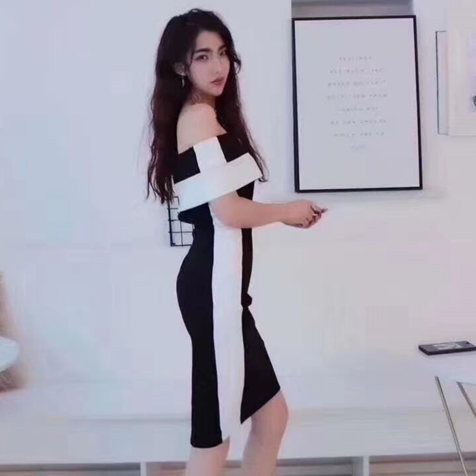 Free Summer Women Black and White Color Block Dress Sexy One-shoulder Bodycon Knee-length Club Party Vestido 210524