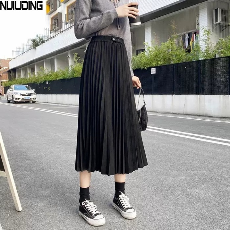 Women's Solid Pleated Suede Leather Skirts Autumn Winter High Waist Loose Retro Faux Skirt Female 210514