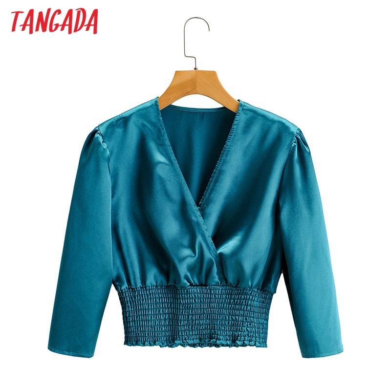 Women Retro Solid Satin Crop V Neck Chic Female Slim Shirt Tops 1F79 210416