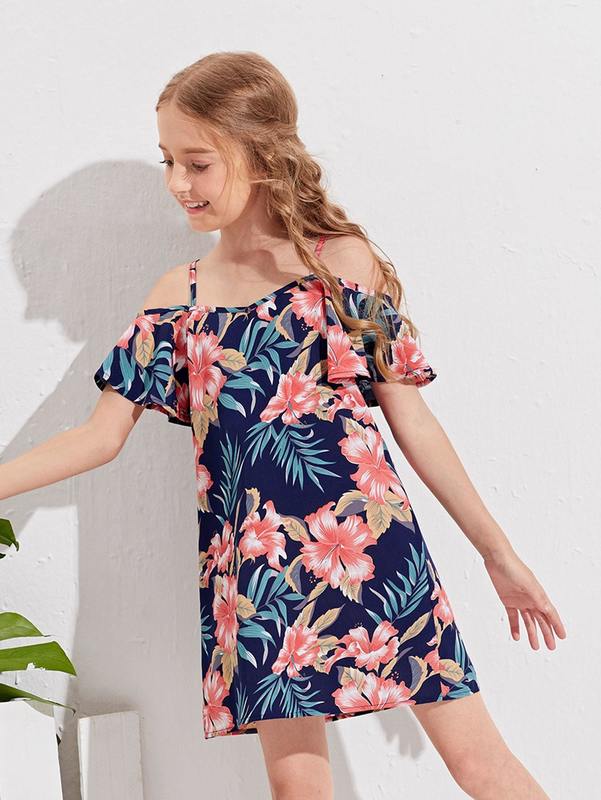 Girls Tropical Print Cold Shoulder Dress SHE