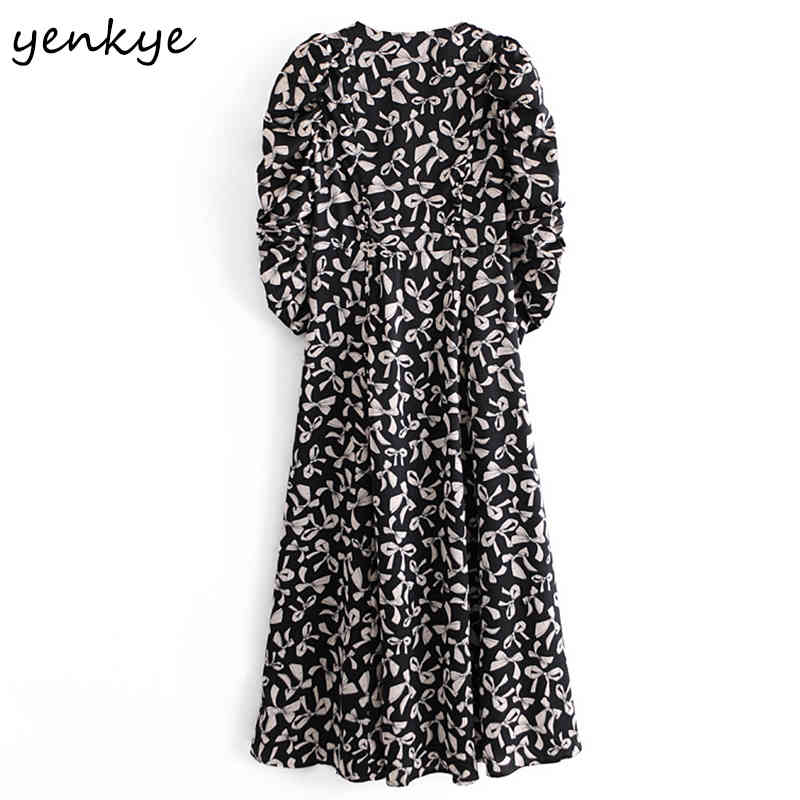 YENKYE Fashion Women Bow Pattern Print Long Maxi Dress Elegant Lady Sexy V Neck Puff Sleeve Draped Spring Dress Robe Longue 210515