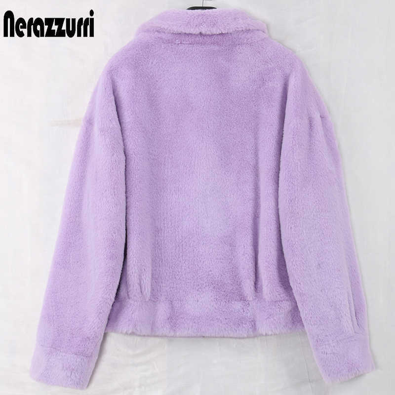Nerazzurri Spring Purple Blue Short Light Soft Faux Fur Coat Women Long Sleeve Pockets Fall Korean Fashion Furry Jacket 211019