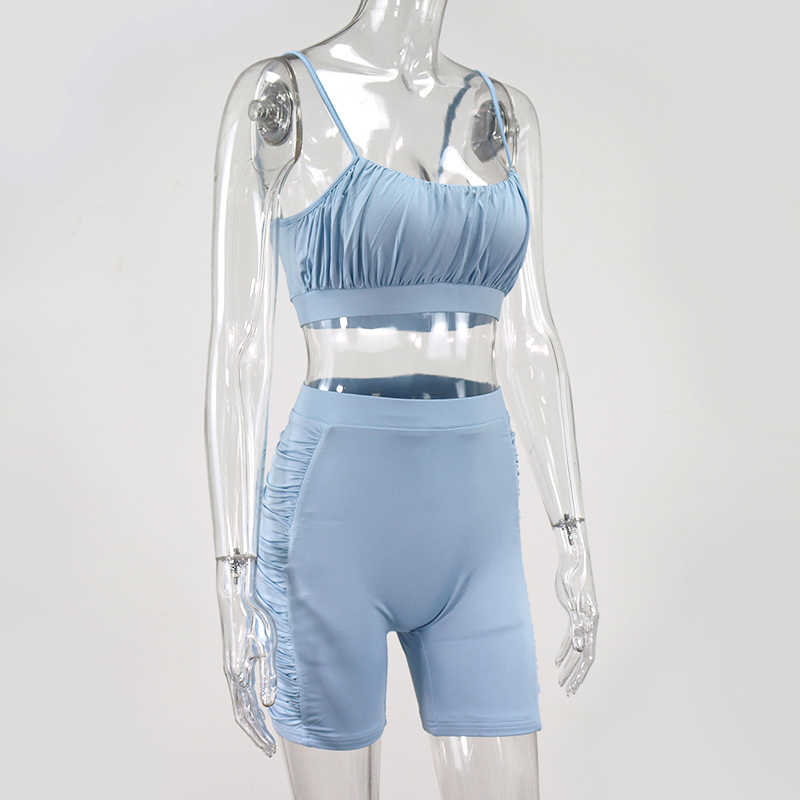 Colysmo Ruched Crop Top And Biker Shorts Two Piece Set Women Tracksuit Summer Solid Color Bodycon 2 Loungewear 210527