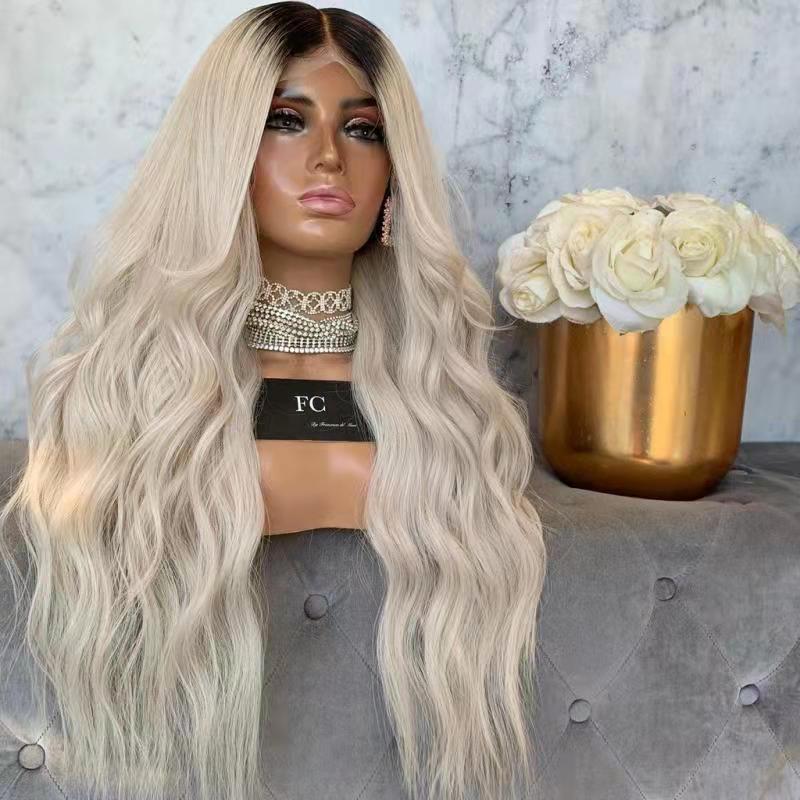 Ombre Blonde Body Wave Wigs With Baby Hair Middle Part Natural Long Wavy Synthetic Lace Front Wig For Black Women