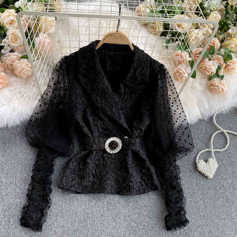 Nomikuma Elegant Notched Collar Women Blouse Dot Mesh Puff Sleeve Patch Shirt Double Breasted Belt Slim Waist Short Tops 6D609 210427