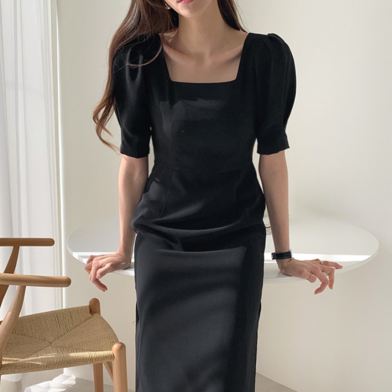 Korean Spring Temperament Elegant Square Collar Puff Short Sleeve Dress Women High Waist Office OL Slim Vestido Robe 210519