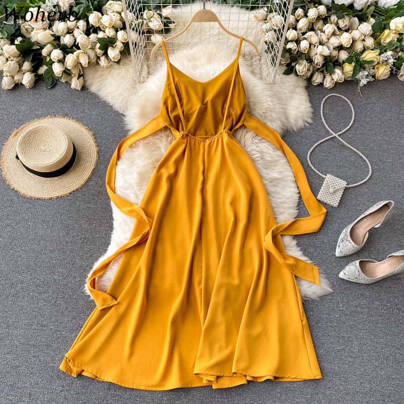 Summer Korean Chic Sexy Yellow Spaghetti Strap V-neck Party Dresses Vintage Solid Bandage Slim Long Robe Vestidos 210519