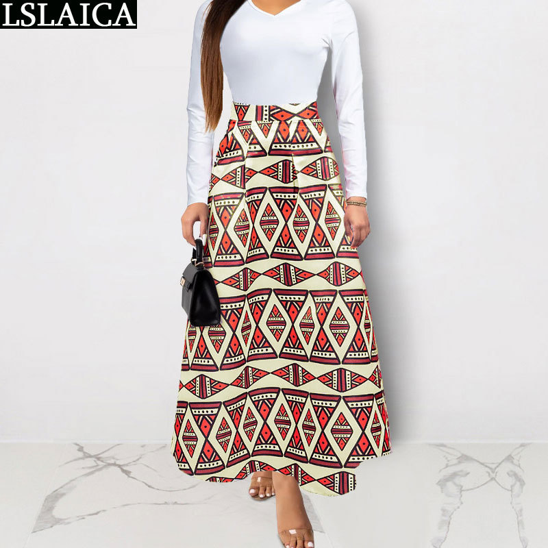 Fashion iridescent long skirt high waist plus size S-2XL print casual elegant wild women s beach holiday ladies 210520