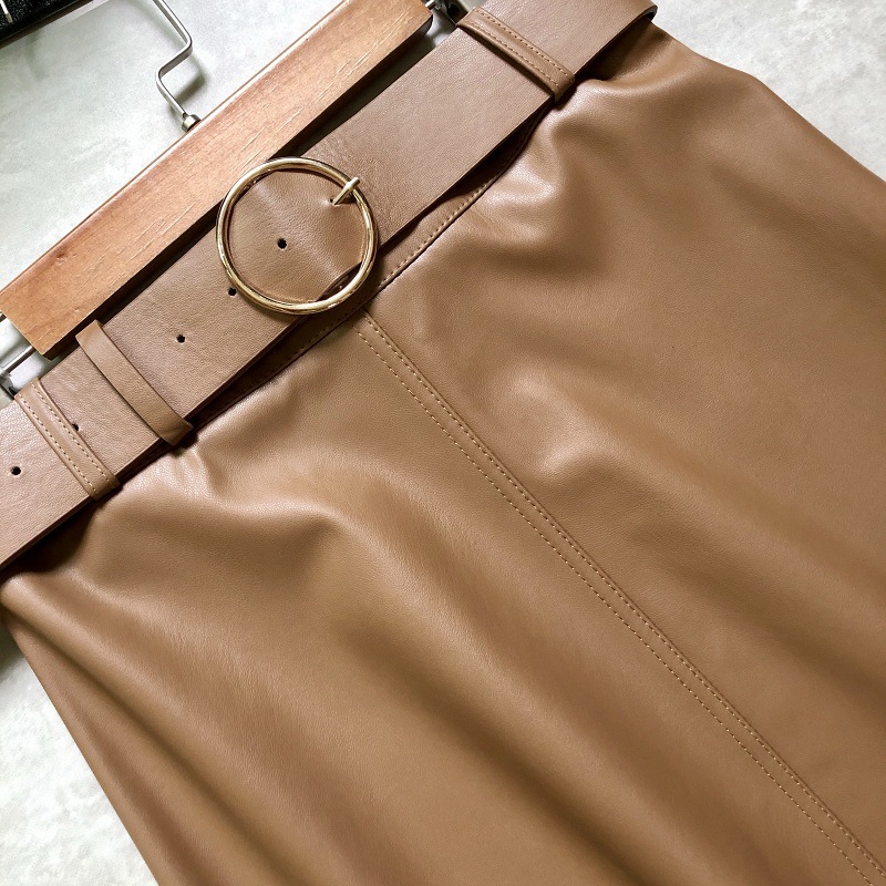 Autumn Winter Pu Leather Skirt Metal Splicing A- line womens within belt midi PU Long Women 210508