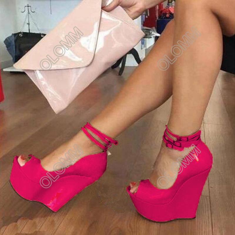 Rontic 2021 Handmade Women Platform Shiny Pumps Wedges High Heels Peep Toe Gorgeous 7 Colors Dress Shoes Women Plus US Size 5-20